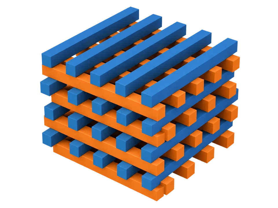 3D woodpile photonic crystal with stacked square-section dielectric rods. Blue and orange distinguish perpendicular rod orientations.