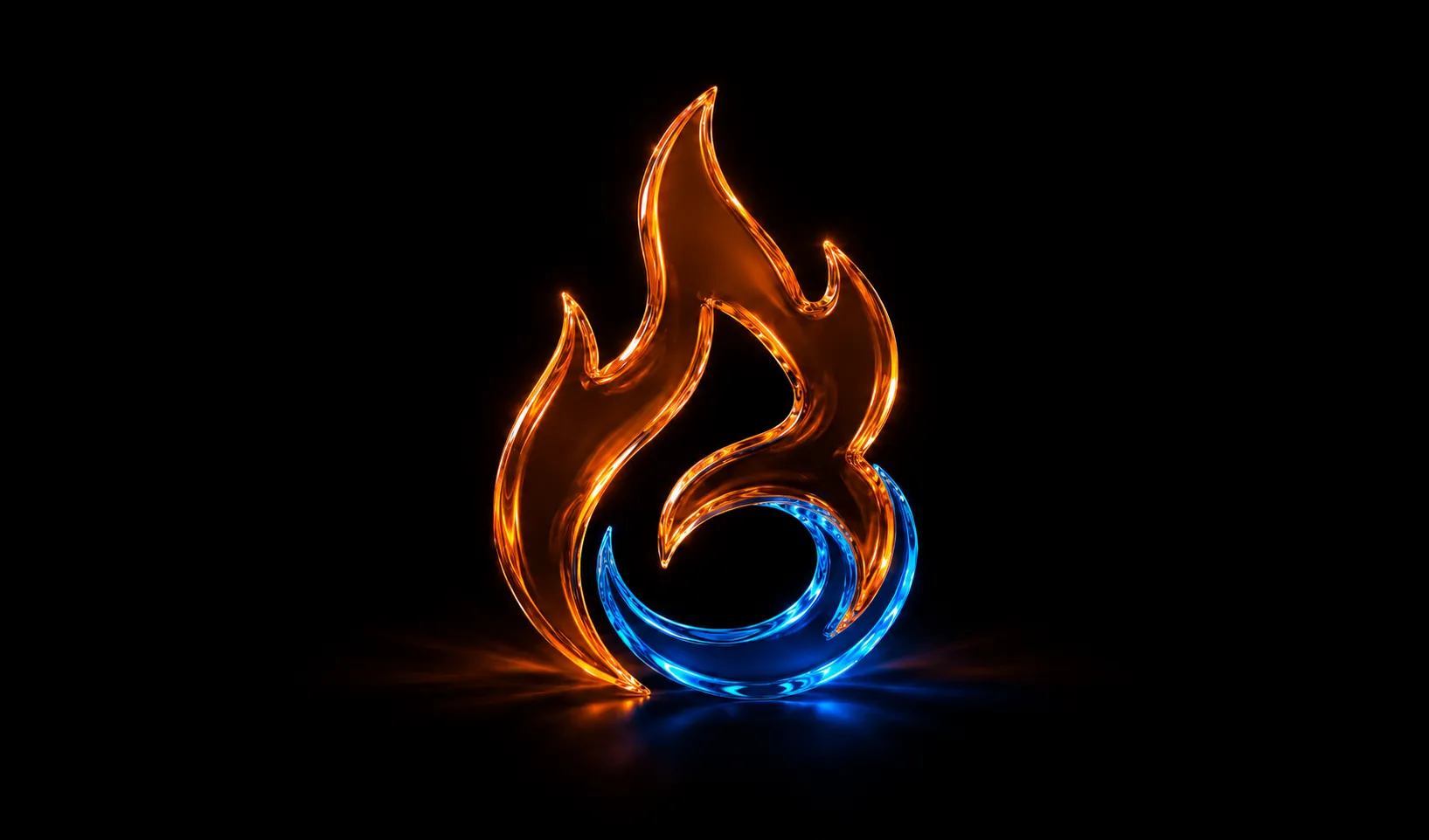 The Blaze2D flame as a glowing glass sculpture, orange above a blue wave, on black