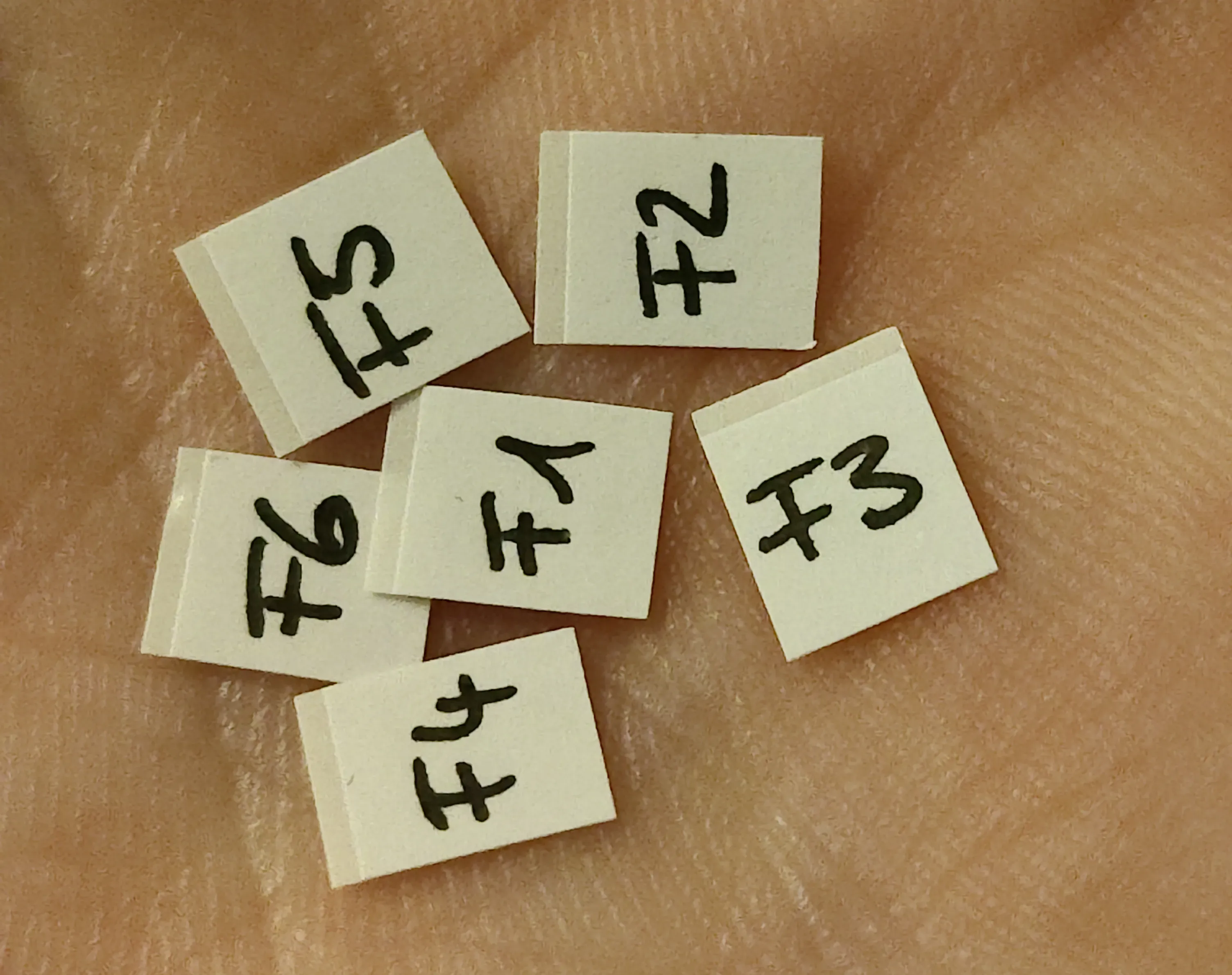Six small paper labels marked F1 to F6 for the follower arm servos
