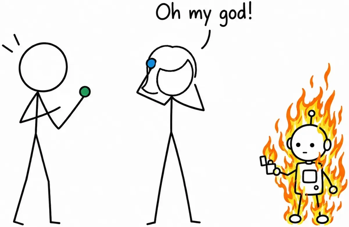 The robot stands in a column of flame. The woman shouts: oh my god!