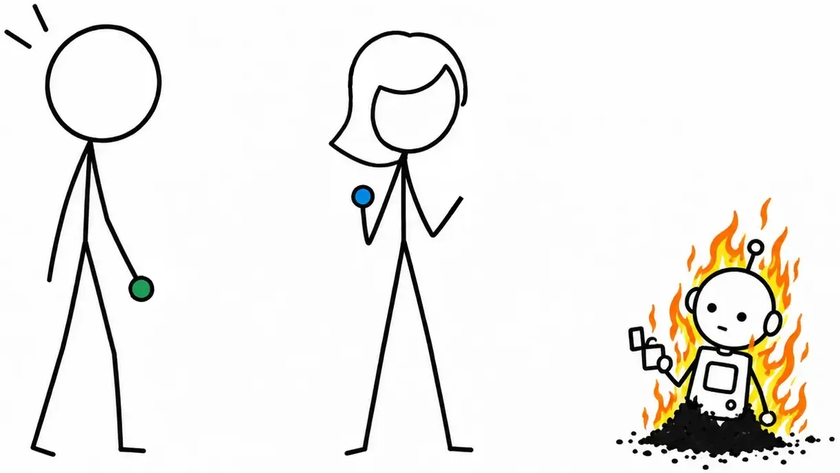 The robot has burned down to a smouldering heap while the two watch.