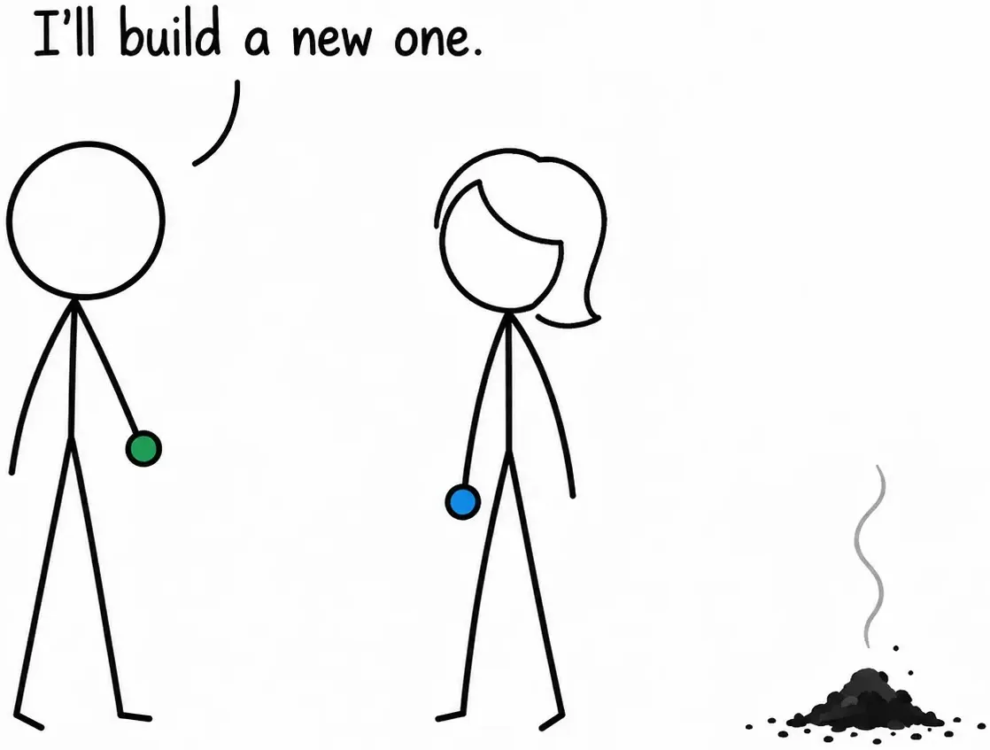 The man looks at the ash and says: I’ll build a new one.