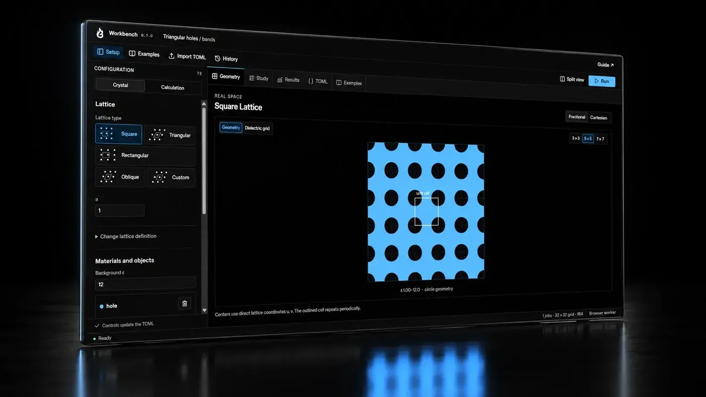 The Blaze2D Workbench in a browser window: a square lattice of holes in its geometry view, with lattice, material, and calculation settings in the sidebar